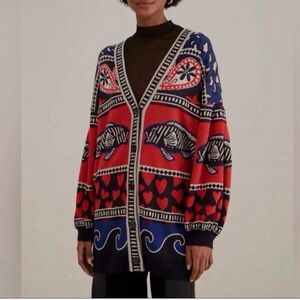Farm Rio Navy Mixed Prints Knit Cardigan Fish size large